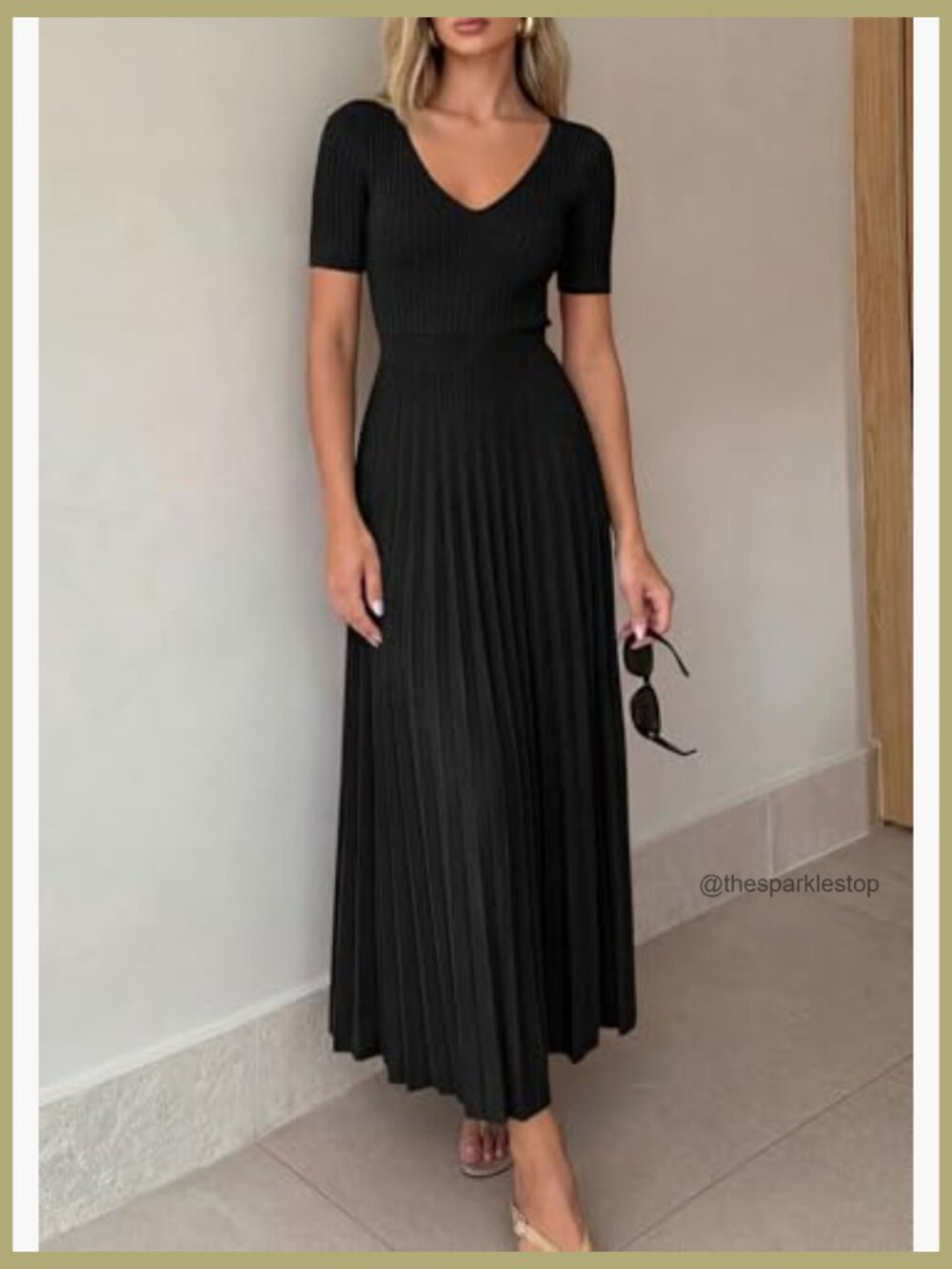 V Neck Pleated Ribbed Knit Midi Sweater Dress A Line Short Sleeve - Picture 5 of 7